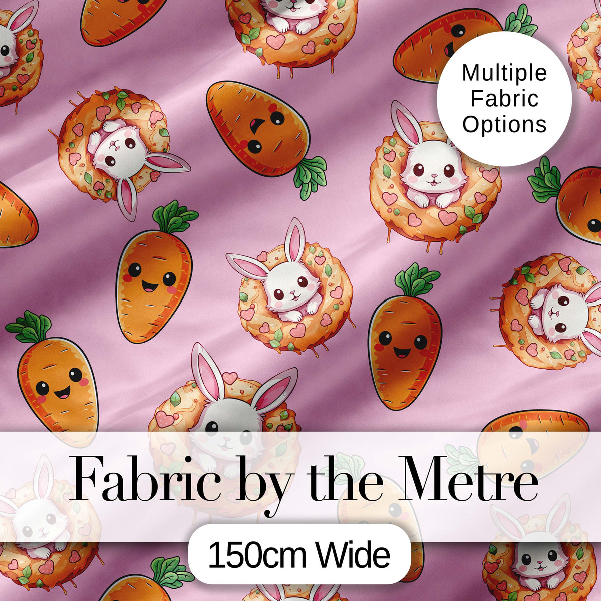 Cute Easter Bunny Carrot Donut Hearts Seamless Pattern Rose Pink Background Digital Print Fabric by the Metre UK Sewing Quilting Textile