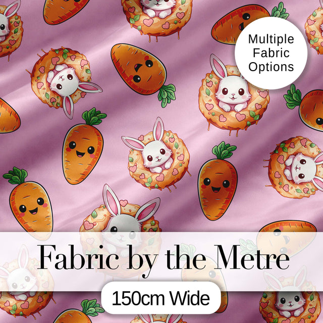 Cute Easter Bunny Carrot Donut Hearts Seamless Pattern Rose Pink Background Digital Print Fabric by the Metre UK Sewing Quilting Textile