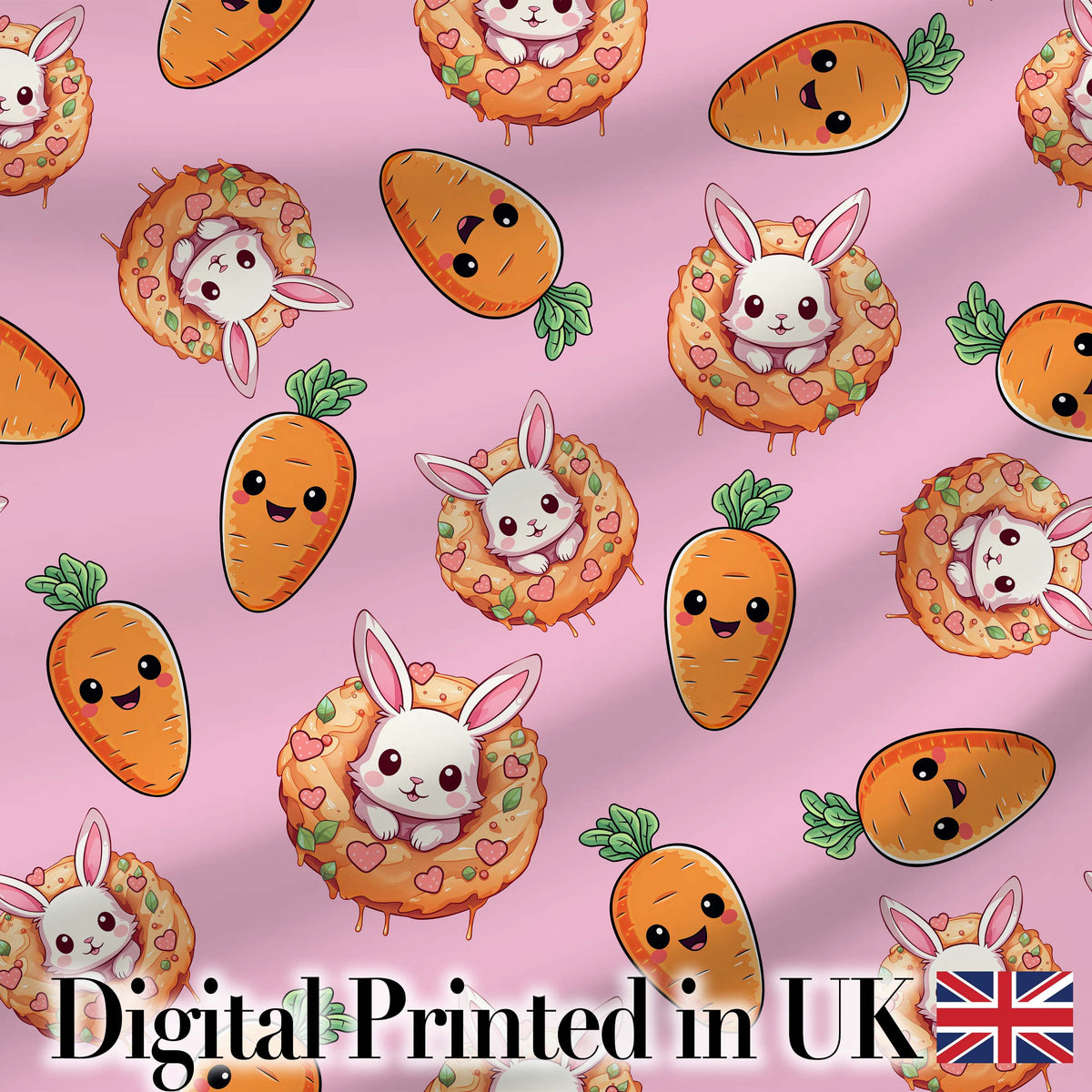 Cute Easter Bunny Carrot Donut Hearts Seamless Pattern Rose Pink Background Digital Print Fabric by the Metre UK Sewing Quilting Textile