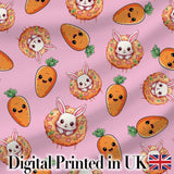 Cute Easter Bunny Carrot Donut Hearts Seamless Pattern Rose Pink Background Digital Print Fabric by the Metre UK Sewing Quilting Textile