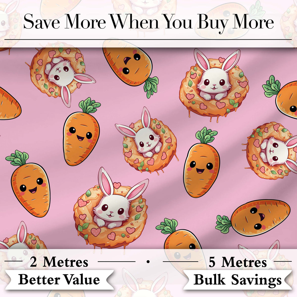 Cute Easter Bunny Carrot Donut Hearts Seamless Pattern Rose Pink Background Digital Print Fabric by the Metre UK Sewing Quilting Textile