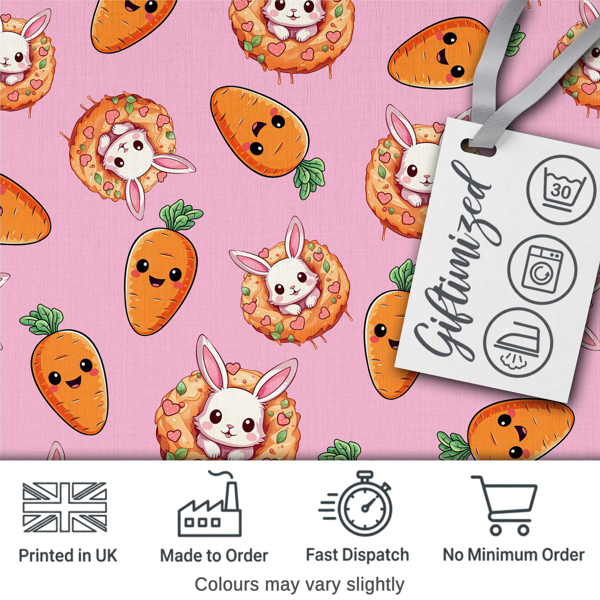 Cute Easter Bunny Carrot Donut Hearts Seamless Pattern Rose Pink Background Digital Print Fabric by the Metre UK Sewing Quilting Textile