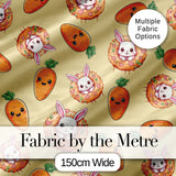 Cute Easter Bunny Carrot Donut Hearts Seamless Pattern Soft Yellow Background Digital Print Fabric by the Metre UK Sewing Quilting Textile