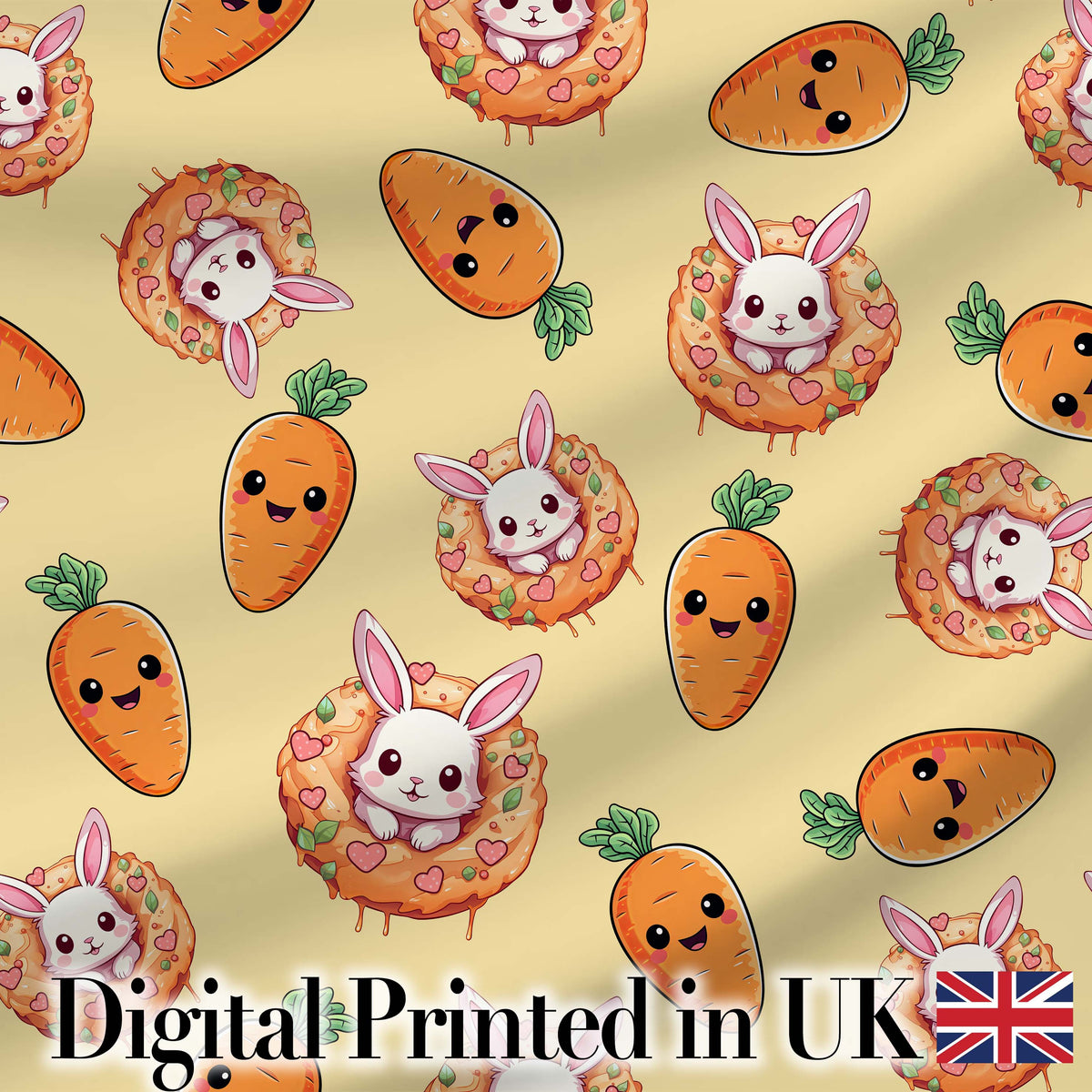 Cute Easter Bunny Carrot Donut Hearts Seamless Pattern Soft Yellow Background Digital Print Fabric by the Metre UK Sewing Quilting Textile