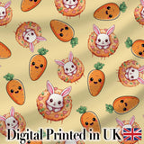 Cute Easter Bunny Carrot Donut Hearts Seamless Pattern Soft Yellow Background Digital Print Fabric by the Metre UK Sewing Quilting Textile