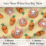 Cute Easter Bunny Carrot Donut Hearts Seamless Pattern Soft Yellow Background Digital Print Fabric by the Metre UK Sewing Quilting Textile