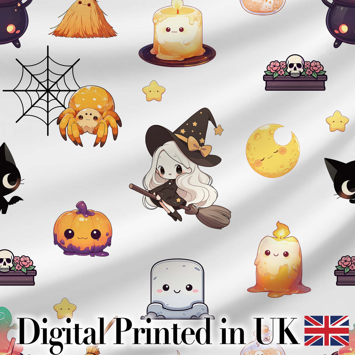 Cute Witch Pumpkin Spider Candle Moon Halloween  Pattern Light Grey Background Digital Print Fabric by the Metre UK Sewing Quilting Textile