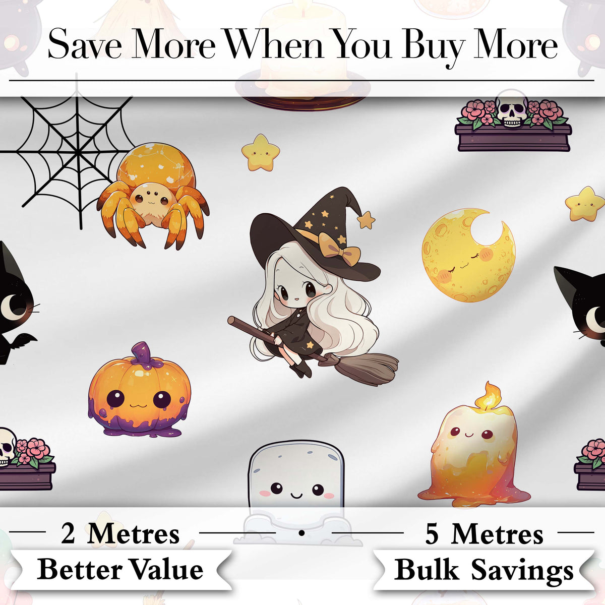 Cute Witch Pumpkin Spider Candle Moon Halloween  Pattern Light Grey Background Digital Print Fabric by the Metre UK Sewing Quilting Textile
