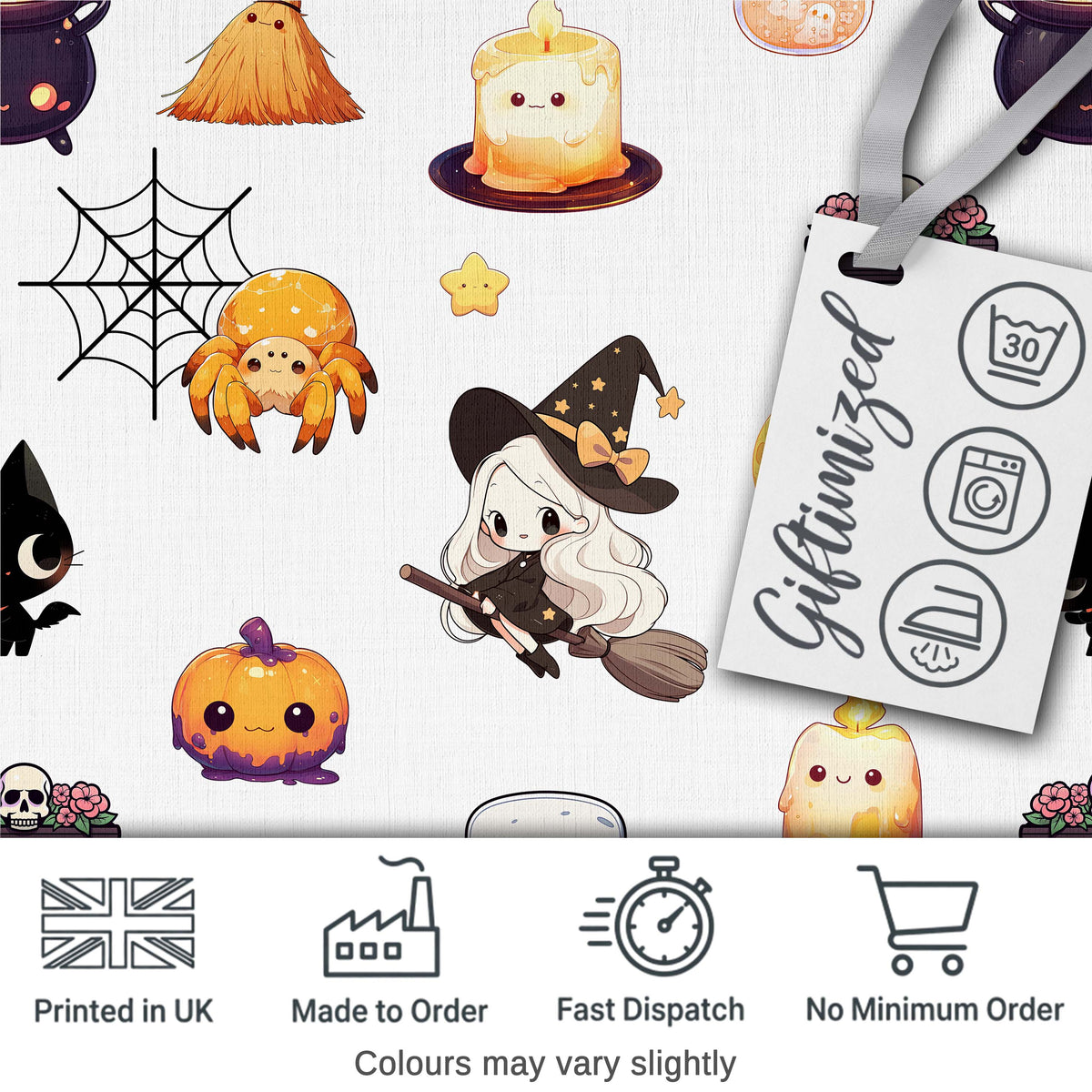 Cute Witch Pumpkin Spider Candle Moon Halloween  Pattern Light Grey Background Digital Print Fabric by the Metre UK Sewing Quilting Textile