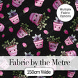 Cute Pink Plant Pots Leaves Strawberry Seamless Pattern Black Background Digital Print Fabric by the Metre UK Sewing Quilting Textile