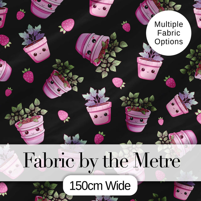 Cute Pink Plant Pots Leaves Strawberry Seamless Pattern Black Background Digital Print Fabric by the Metre UK Sewing Quilting Textile
