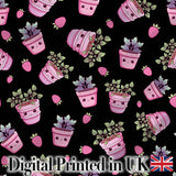 Cute Pink Plant Pots Leaves Strawberry Seamless Pattern Black Background Digital Print Fabric by the Metre UK Sewing Quilting Textile