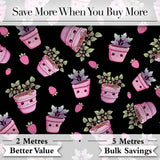 Cute Pink Plant Pots Leaves Strawberry Seamless Pattern Black Background Digital Print Fabric by the Metre UK Sewing Quilting Textile