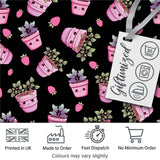 Cute Pink Plant Pots Leaves Strawberry Seamless Pattern Black Background Digital Print Fabric by the Metre UK Sewing Quilting Textile