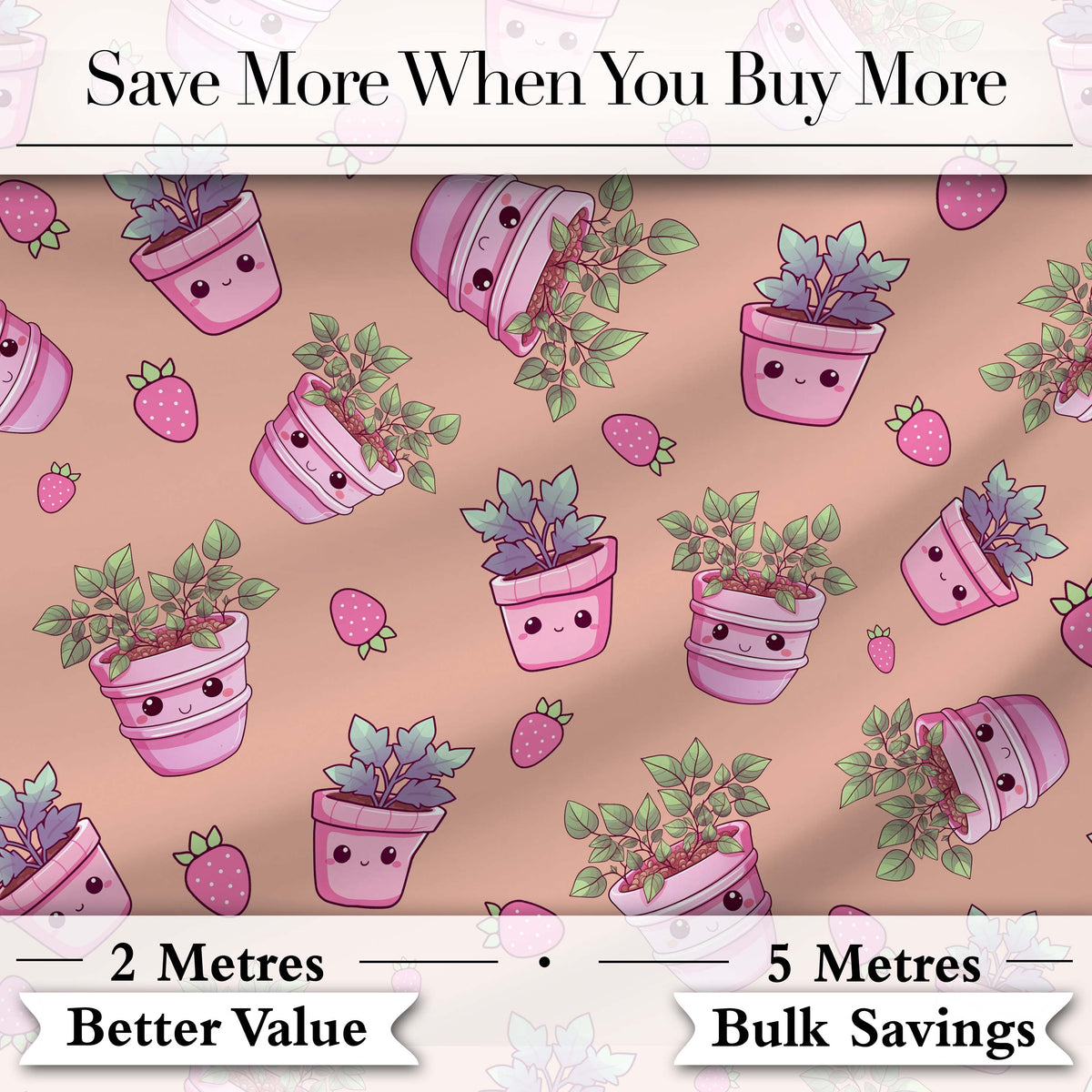 Cute Pink Plant Pots Leaves Strawberry Seamless Pattern Beige Background Digital Print Fabric by the Metre UK Sewing Quilting Textile