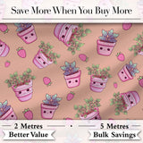Cute Pink Plant Pots Leaves Strawberry Seamless Pattern Beige Background Digital Print Fabric by the Metre UK Sewing Quilting Textile