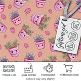 Cute Pink Plant Pots Leaves Strawberry Seamless Pattern Beige Background Digital Print Fabric by the Metre UK Sewing Quilting Textile