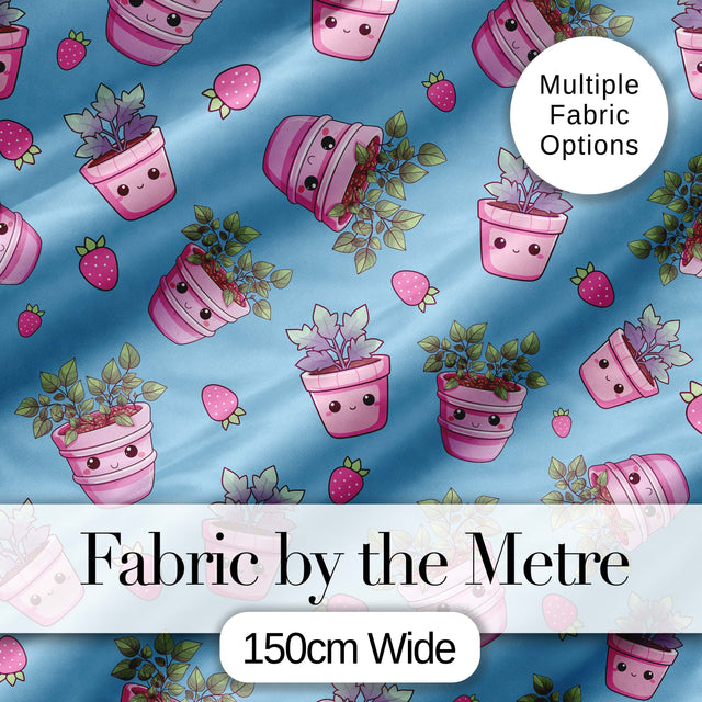 Cute Pink Plant Pots Leaves Strawberry Seamless Pattern Sky Blue Background Digital Print Fabric by the Metre UK Sewing Quilting Textile
