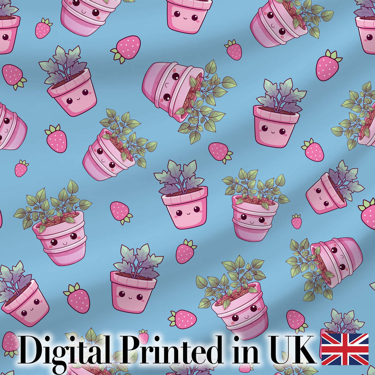 Cute Pink Plant Pots Leaves Strawberry Seamless Pattern Sky Blue Background Digital Print Fabric by the Metre UK Sewing Quilting Textile
