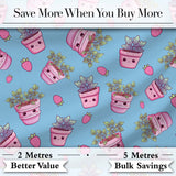 Cute Pink Plant Pots Leaves Strawberry Seamless Pattern Sky Blue Background Digital Print Fabric by the Metre UK Sewing Quilting Textile