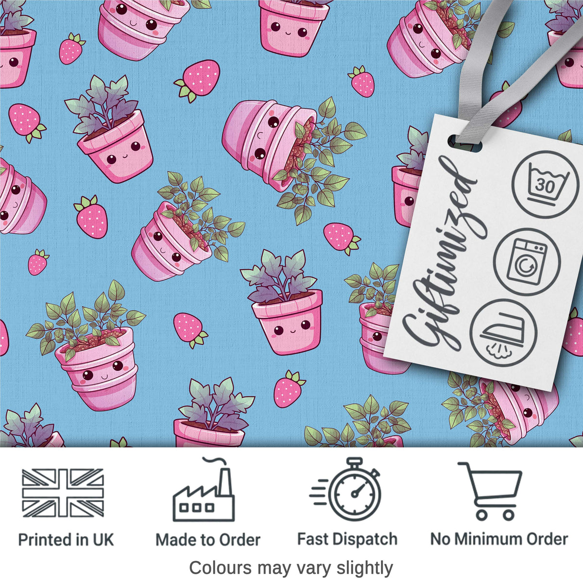 Cute Pink Plant Pots Leaves Strawberry Seamless Pattern Sky Blue Background Digital Print Fabric by the Metre UK Sewing Quilting Textile