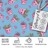 Cute Pink Plant Pots Leaves Strawberry Seamless Pattern Sky Blue Background Digital Print Fabric by the Metre UK Sewing Quilting Textile