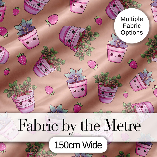 Cute Pink Plant Pots Leaves Strawberry Seamless Pattern Peach Background Digital Print Fabric by the Metre UK Sewing Quilting Textile