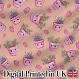 Cute Pink Plant Pots Leaves Strawberry Seamless Pattern Peach Background Digital Print Fabric by the Metre UK Sewing Quilting Textile