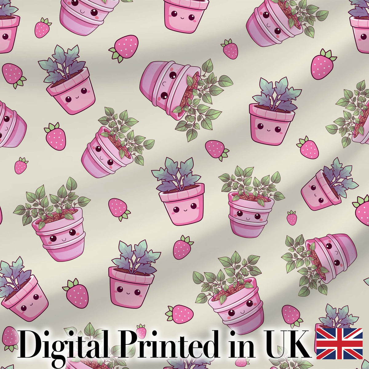 Cute Pink Plant Pots Leaves Strawberry Seamless Pattern Cream Background Digital Print Fabric by the Metre UK Sewing Quilting Textile