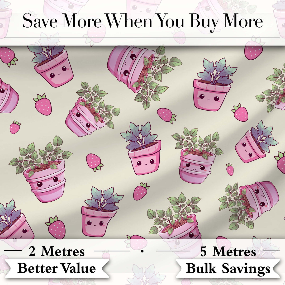 Cute Pink Plant Pots Leaves Strawberry Seamless Pattern Cream Background Digital Print Fabric by the Metre UK Sewing Quilting Textile