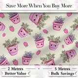 Cute Pink Plant Pots Leaves Strawberry Seamless Pattern Cream Background Digital Print Fabric by the Metre UK Sewing Quilting Textile