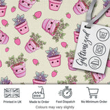 Cute Pink Plant Pots Leaves Strawberry Seamless Pattern Cream Background Digital Print Fabric by the Metre UK Sewing Quilting Textile