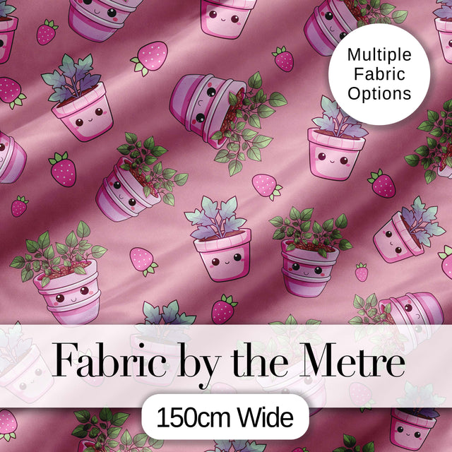 Cute Pink Plant Pots Leaves Strawberry Seamless Pattern Rose Background Digital Print Fabric by the Metre UK Sewing Quilting Textile