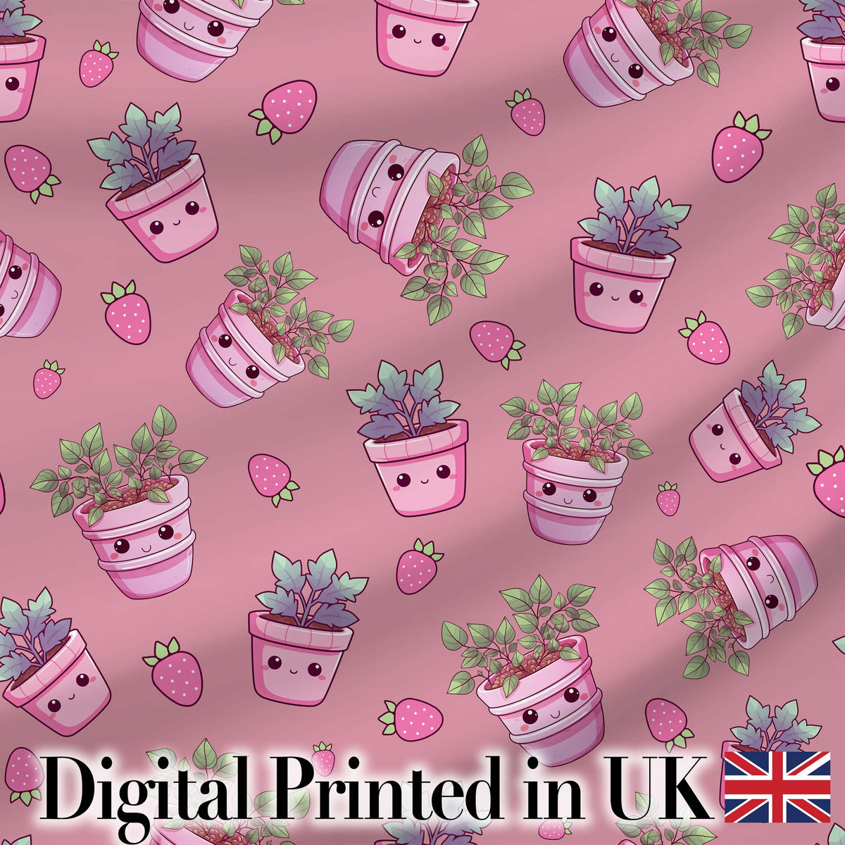 Cute Pink Plant Pots Leaves Strawberry Seamless Pattern Rose Background Digital Print Fabric by the Metre UK Sewing Quilting Textile