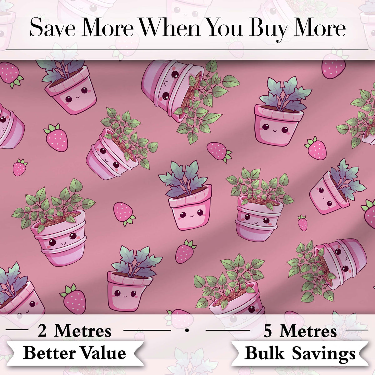 Cute Pink Plant Pots Leaves Strawberry Seamless Pattern Rose Background Digital Print Fabric by the Metre UK Sewing Quilting Textile
