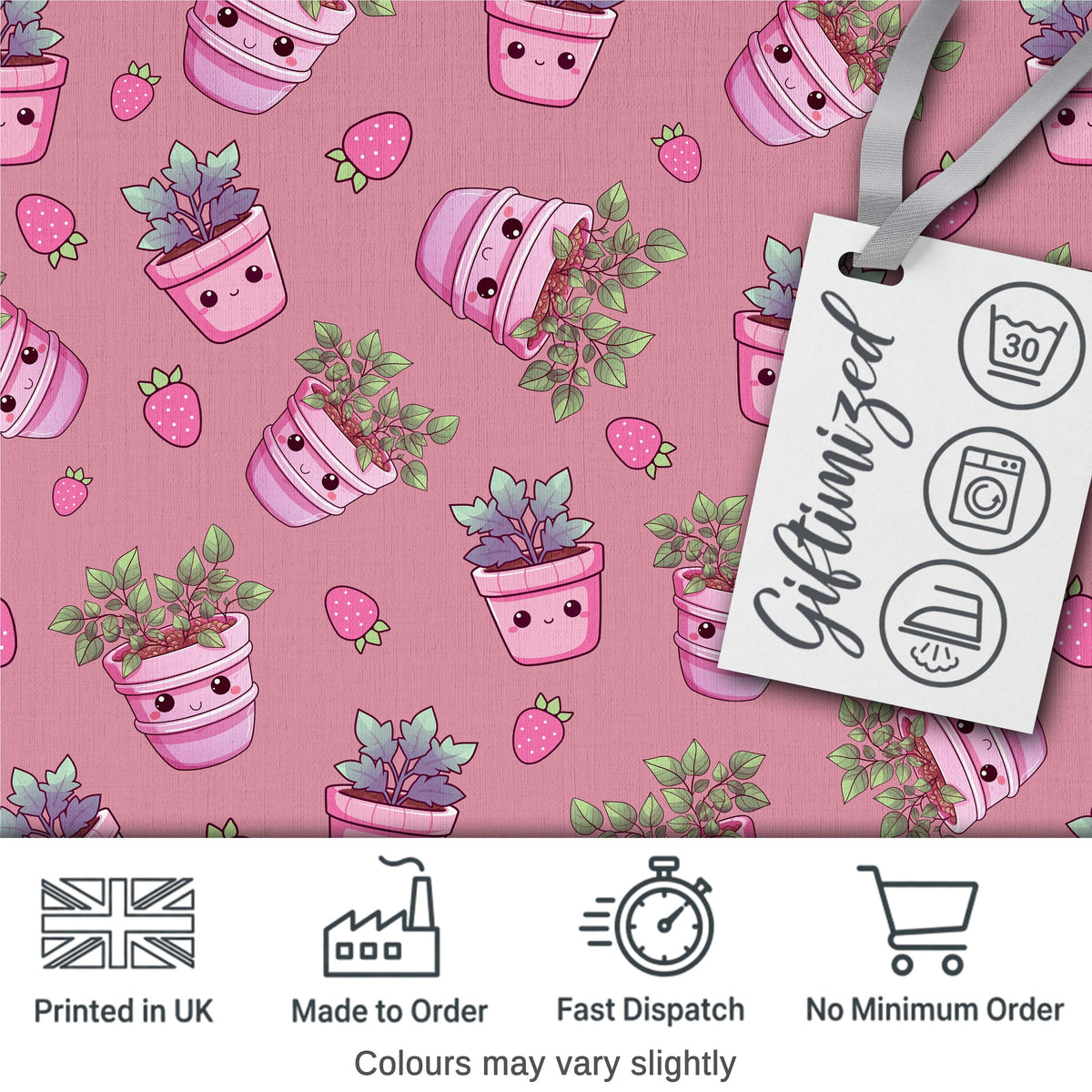 Cute Pink Plant Pots Leaves Strawberry Seamless Pattern Rose Background Digital Print Fabric by the Metre UK Sewing Quilting Textile