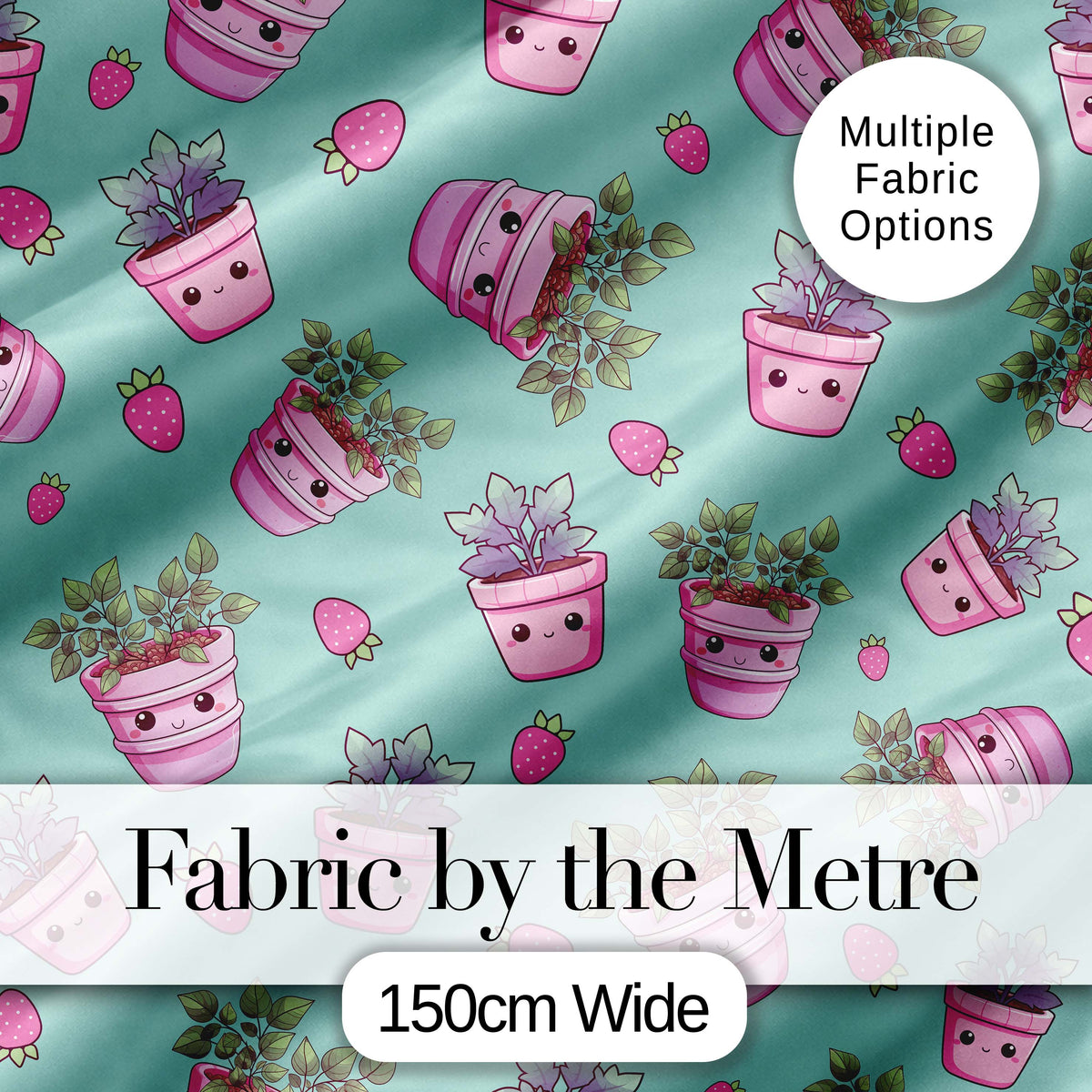 Cute Pink Plant Pots Leaves Strawberry Seamless Pattern Mint Background Digital Print Fabric by the Metre UK Sewing Quilting Textile