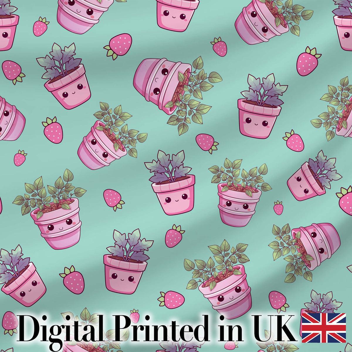 Cute Pink Plant Pots Leaves Strawberry Seamless Pattern Mint Background Digital Print Fabric by the Metre UK Sewing Quilting Textile