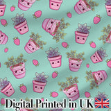 Cute Pink Plant Pots Leaves Strawberry Seamless Pattern Mint Background Digital Print Fabric by the Metre UK Sewing Quilting Textile