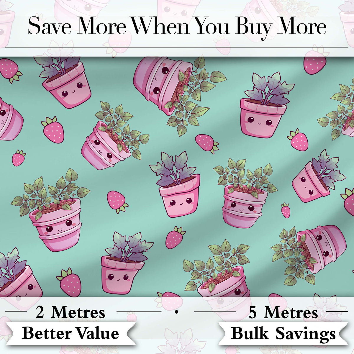 Cute Pink Plant Pots Leaves Strawberry Seamless Pattern Mint Background Digital Print Fabric by the Metre UK Sewing Quilting Textile