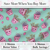 Cute Pink Plant Pots Leaves Strawberry Seamless Pattern Mint Background Digital Print Fabric by the Metre UK Sewing Quilting Textile
