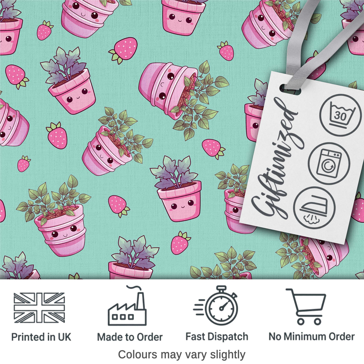 Cute Pink Plant Pots Leaves Strawberry Seamless Pattern Mint Background Digital Print Fabric by the Metre UK Sewing Quilting Textile