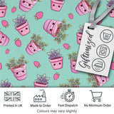 Cute Pink Plant Pots Leaves Strawberry Seamless Pattern Mint Background Digital Print Fabric by the Metre UK Sewing Quilting Textile
