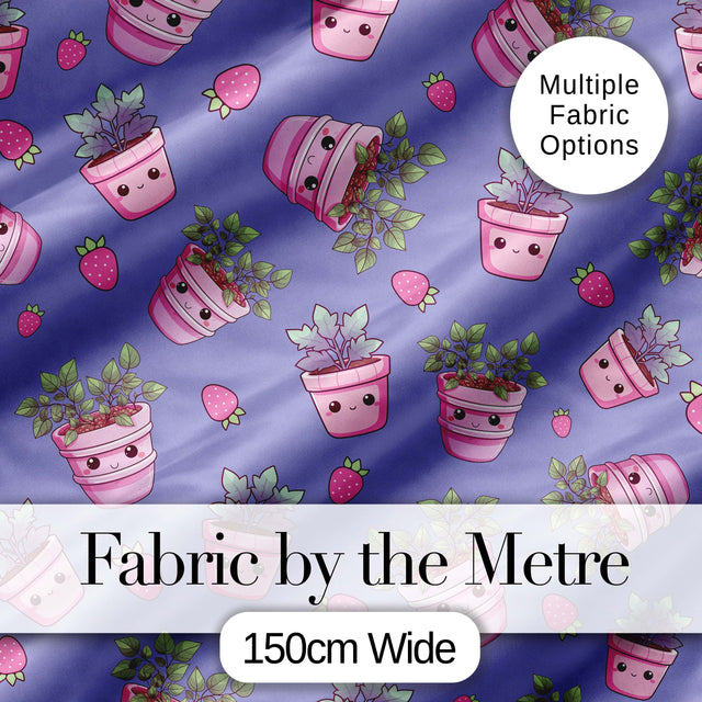 Cute Pink Plant Pots Leaves Strawberry Seamless Pattern Lavender Background Digital Print Fabric by the Metre UK Sewing Quilting Textile