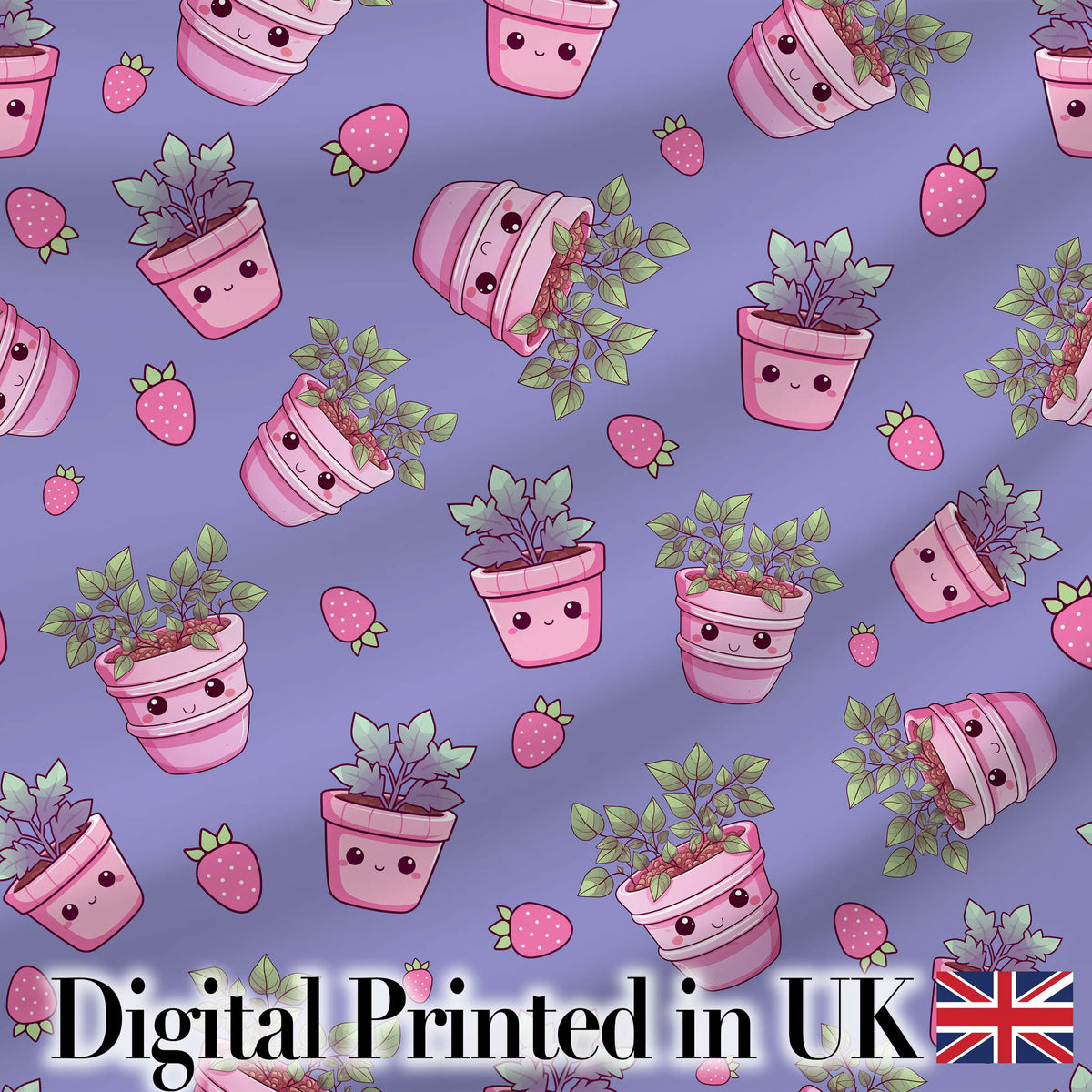 Cute Pink Plant Pots Leaves Strawberry Seamless Pattern Lavender Background Digital Print Fabric by the Metre UK Sewing Quilting Textile