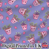 Cute Pink Plant Pots Leaves Strawberry Seamless Pattern Lavender Background Digital Print Fabric by the Metre UK Sewing Quilting Textile