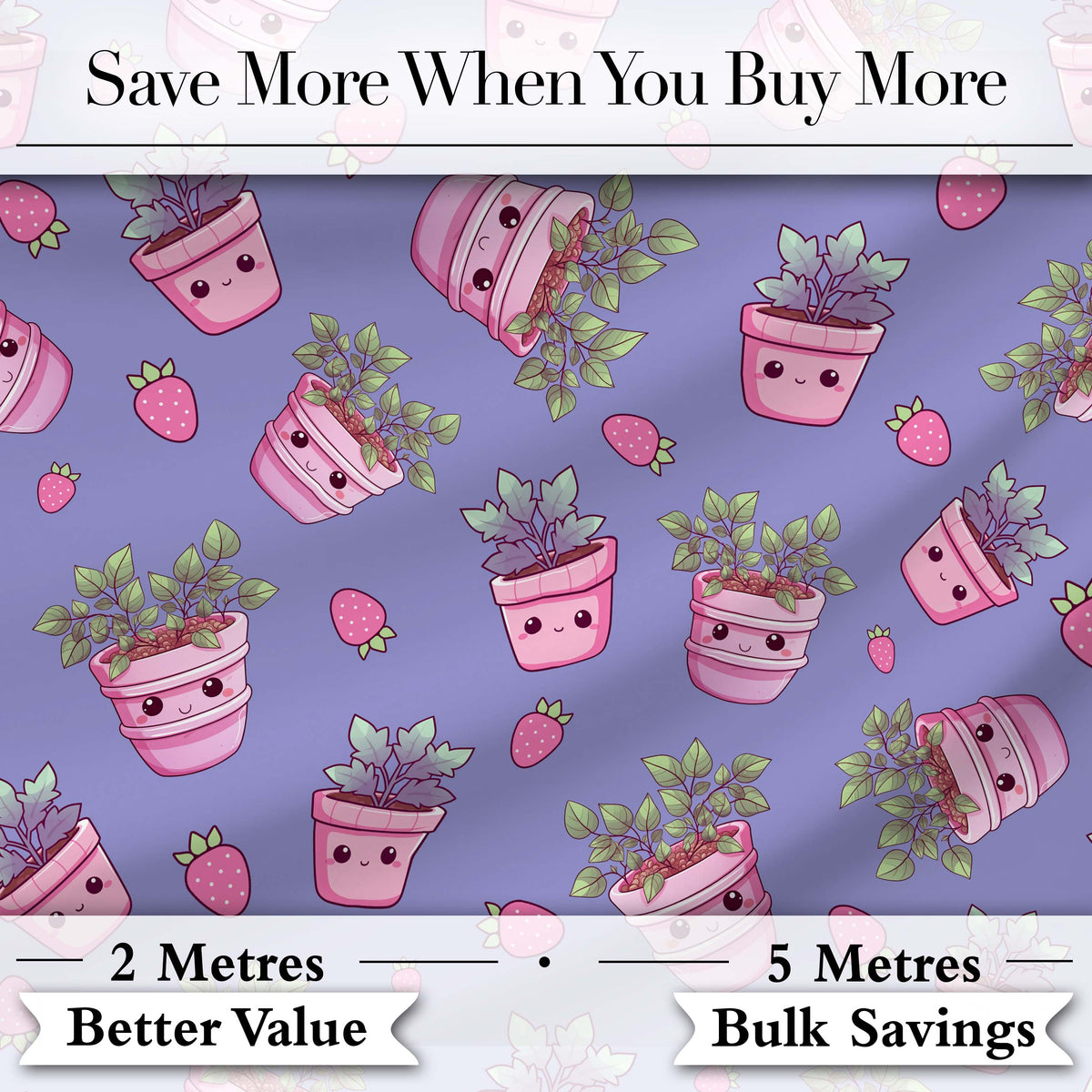 Cute Pink Plant Pots Leaves Strawberry Seamless Pattern Lavender Background Digital Print Fabric by the Metre UK Sewing Quilting Textile