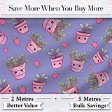 Cute Pink Plant Pots Leaves Strawberry Seamless Pattern Lavender Background Digital Print Fabric by the Metre UK Sewing Quilting Textile