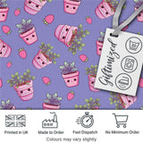 Cute Pink Plant Pots Leaves Strawberry Seamless Pattern Lavender Background Digital Print Fabric by the Metre UK Sewing Quilting Textile