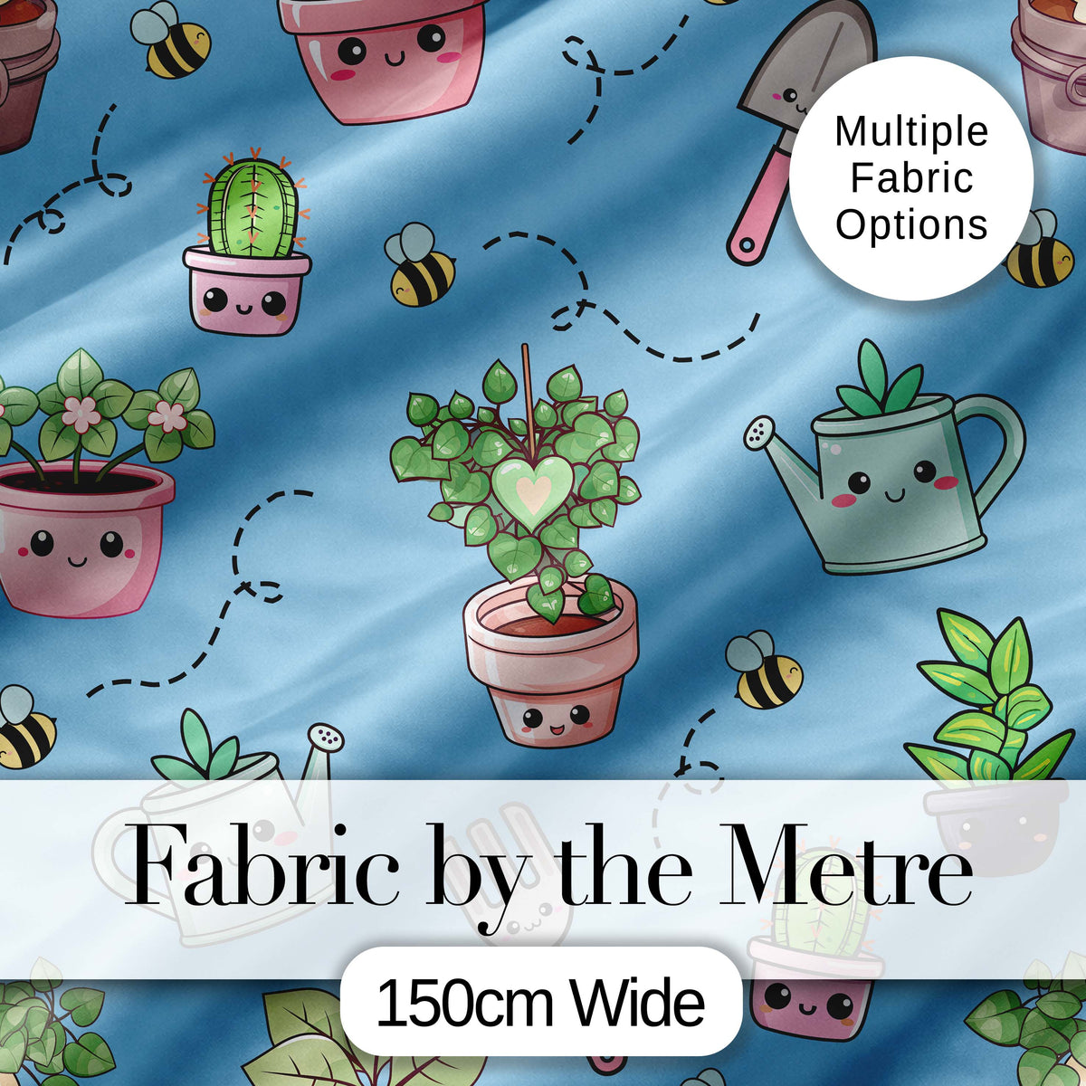 Cute Kawaii Garden Tools Plants Bees Seamless Pattern Blue Background Digital Print Fabric by the Metre UK Sewing Quilting Textile